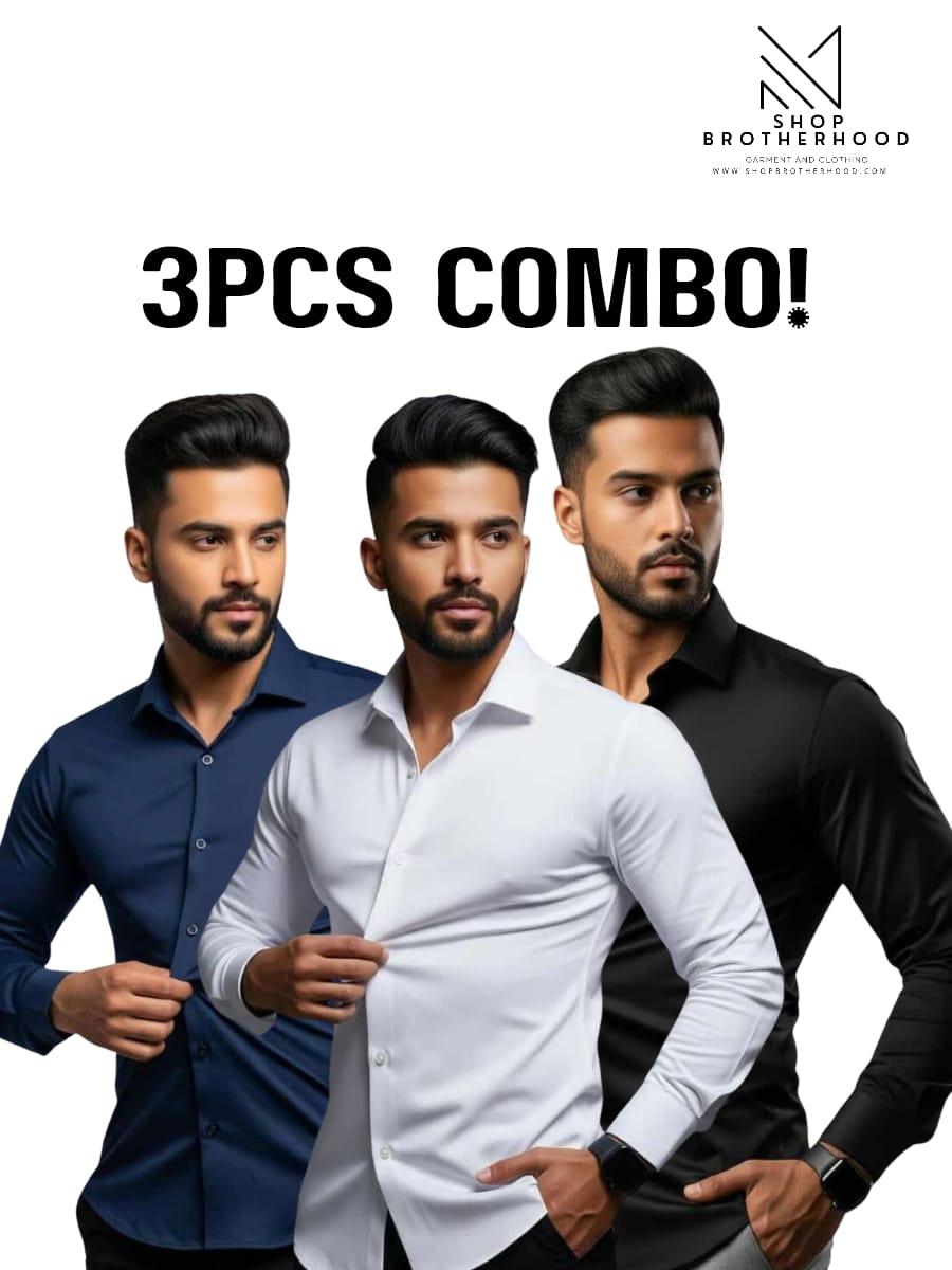 3 Pcs Formal Shirt Combo –Navy Blue , White, Black